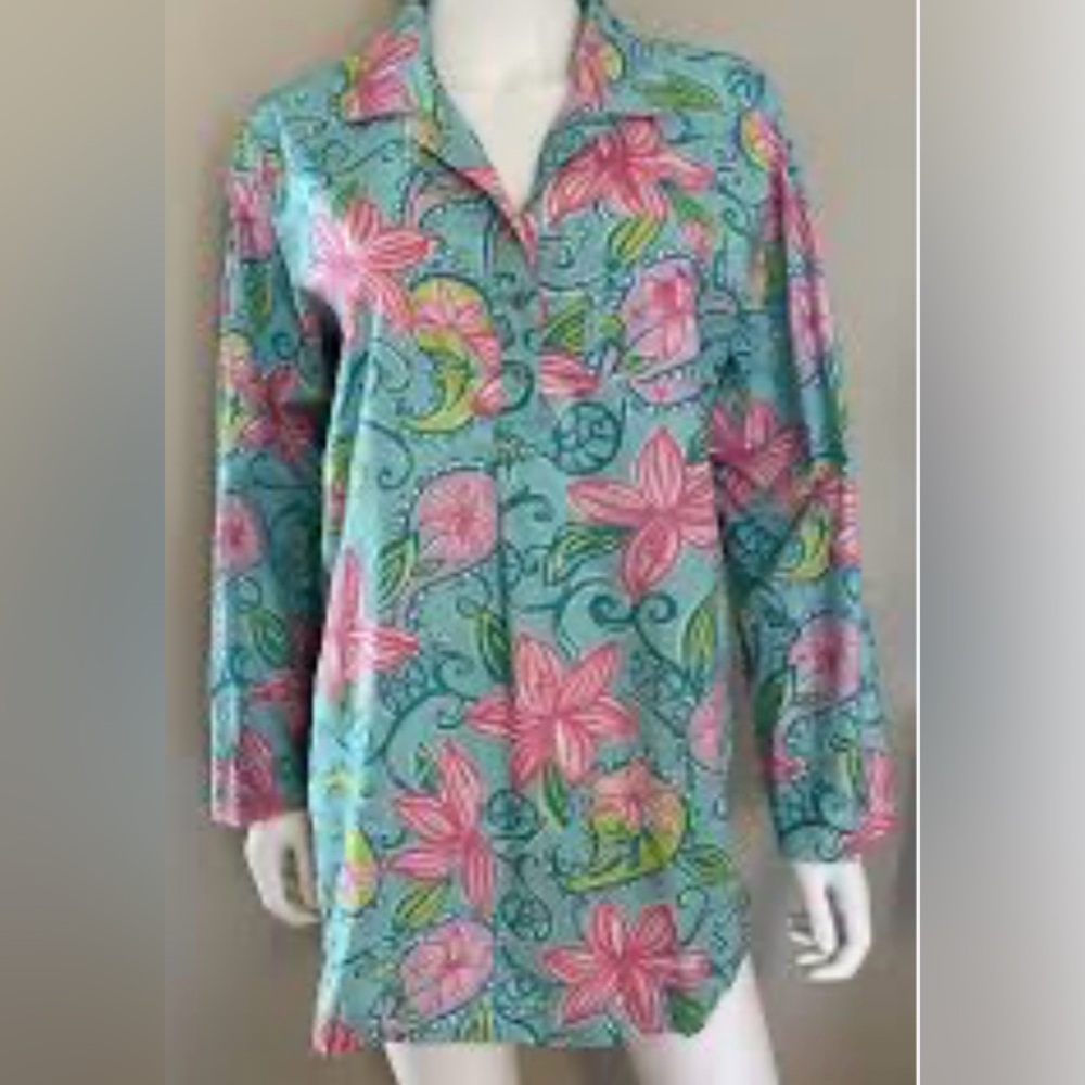 vintage Lilly Pulitzer tunic beach cover up  "Lazy Paisley" floral aqua /pink sm